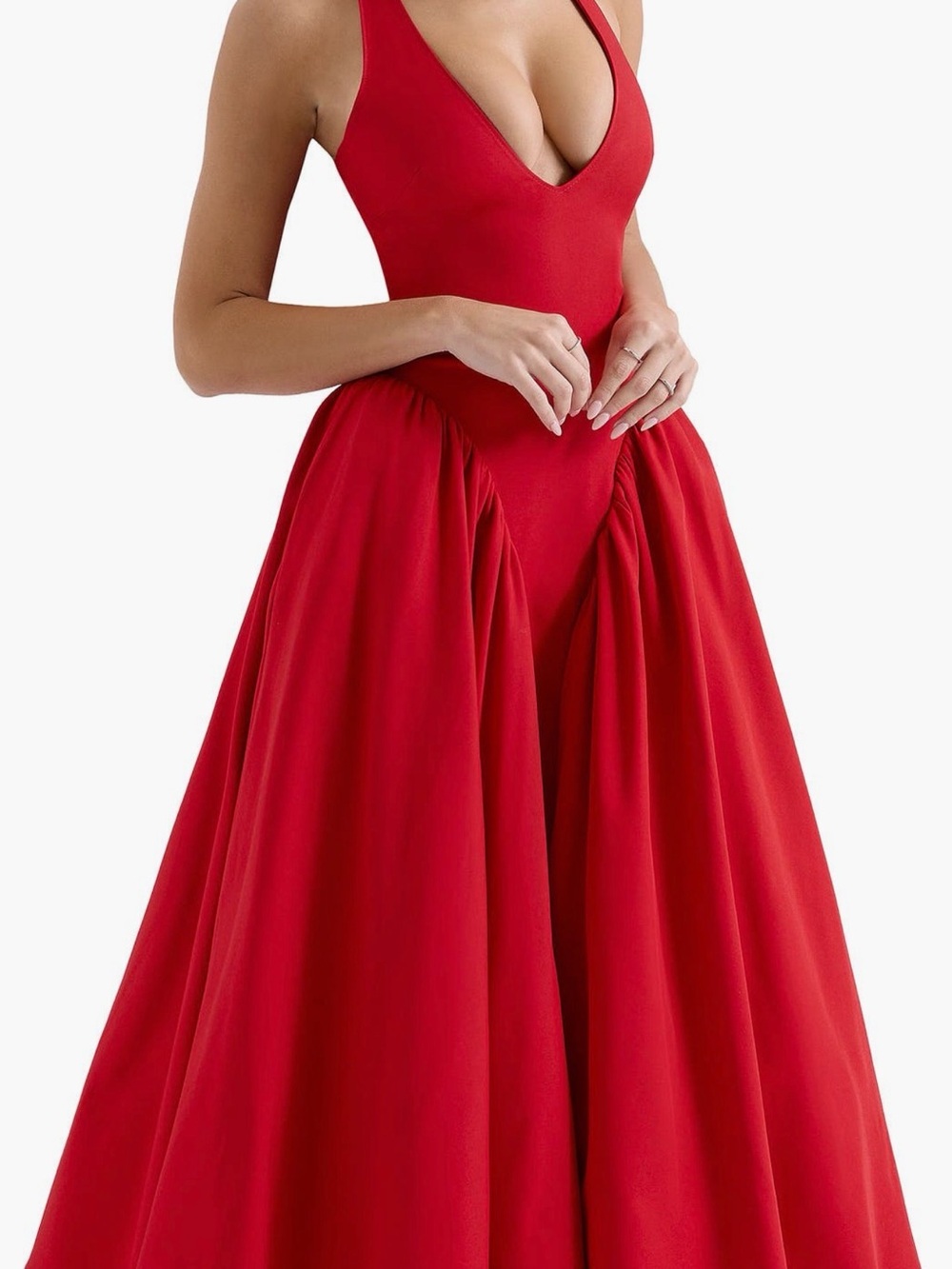 House of CB Red Deep V A-Line Midi Dress - Picture 2 of 10